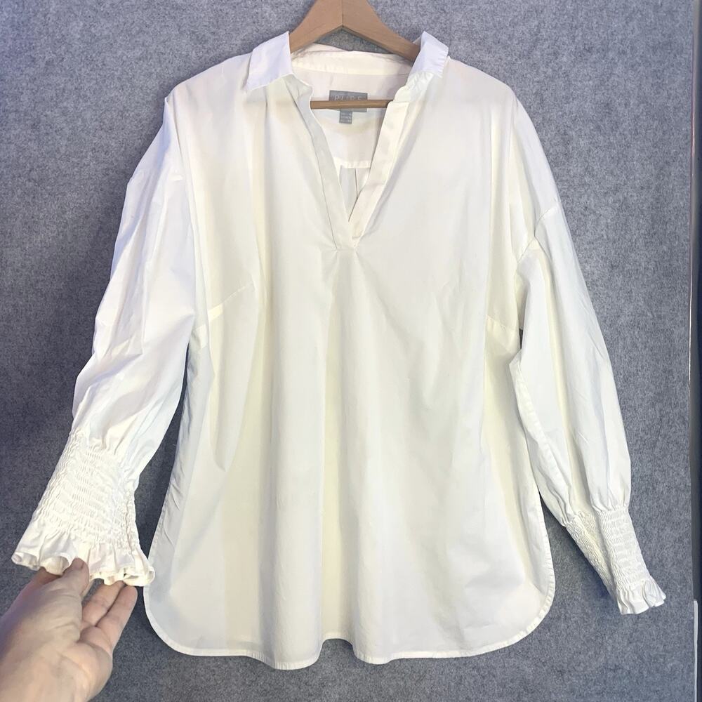 Pure Collection Long Sleeve White Cotton Pullover Blouse, Women's Size 14/16